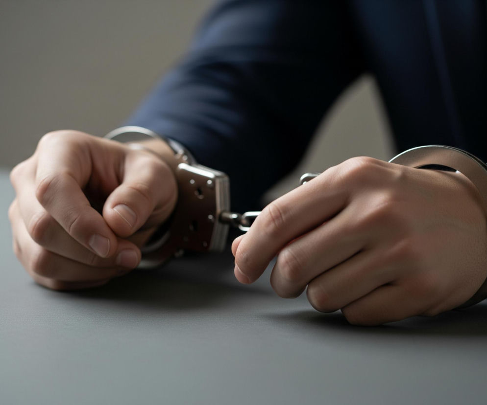 Na pierwszym planie widoczne są dłonie spięte kajdankami, leżące na ciemnoszarym stole lub blacie. Kajdanki są metalowe, srebrzyste, z wyraźnie zaznaczonym zawiasem i mechanizmem blokującym między dłońmi. Osoba nosi ciemnogranatowy garnitur i białą koszulę, widoczne głównie rękawy w tle. Tło jest rozmyte, utrzymane w odcieniach szarości.