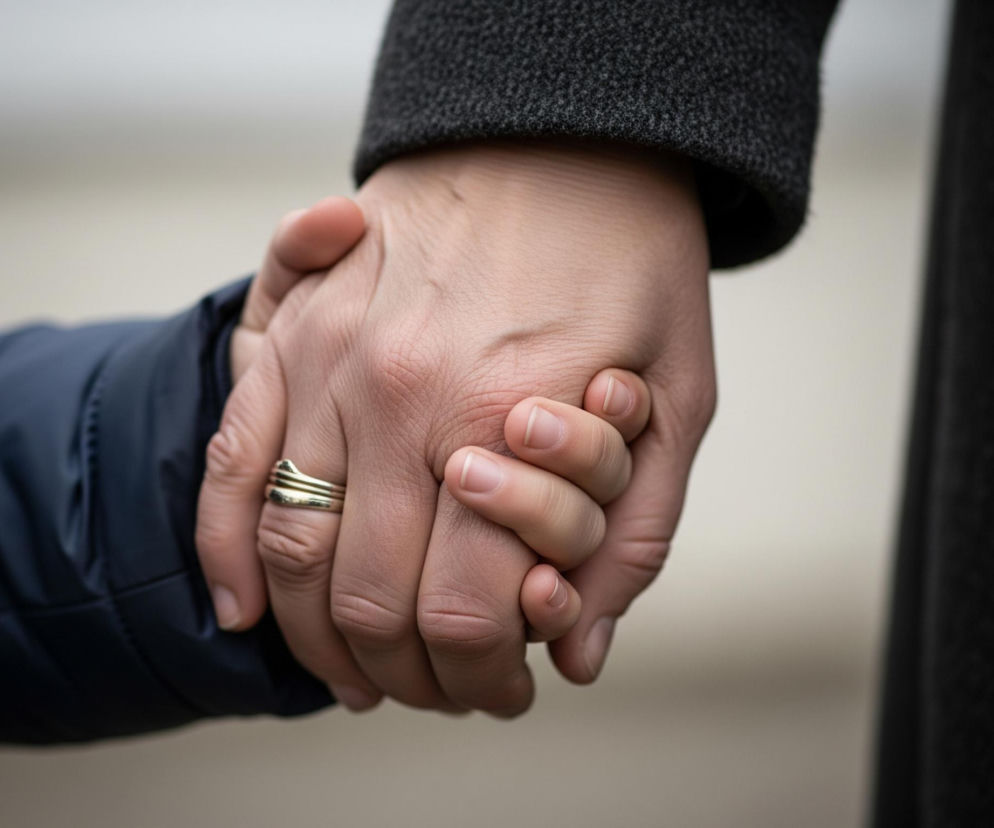 Dwie dłonie, jedna większa, druga mniejsza, są splecione w uścisku. Na palcu serdecznym większej dłoni widnieje złoty pierścionek o trzech obręczach. Lewa część obrazu ukazuje fragment granatowej, pikowanej kurtki dziecięcej, natomiast prawa strona jest zdominowana przez ciemnoszary, wełniany rękaw płaszcza osoby dorosłej. Tło jest rozmyte, w odcieniach szarości i beżu.