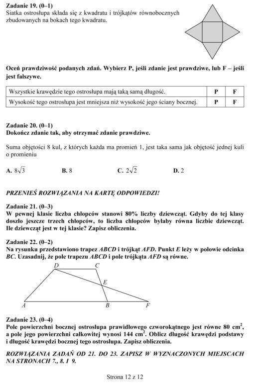 EGZAMIN GIMNAZJALNY 2013 MATEMATYKA - ARKUSZE, ODPOWIEDZI
