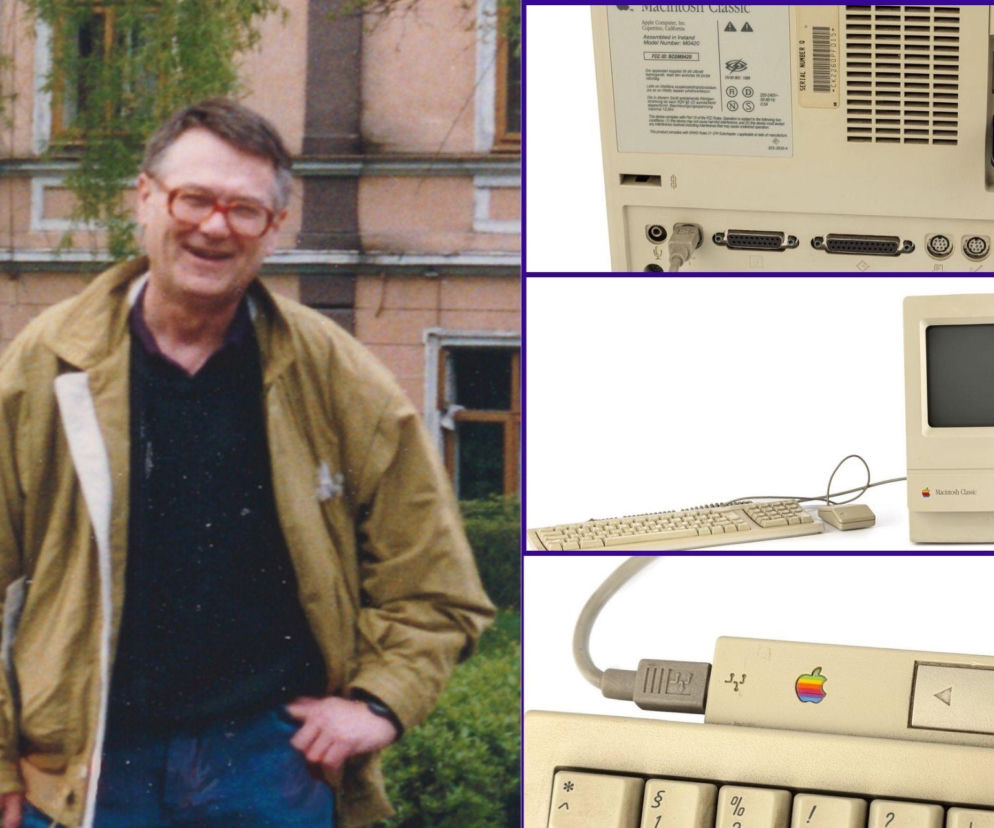 Zdzisław Beksiński, ubrany w kurtkę i okulary, uśmiecha się na tle budynku, obok zdjęcia komputera Apple Macintosh Classic z klawiaturą, myszką i widocznymi detalami. O wyjątkowej pamiątce po artyście przeczytasz na Super Biznes.