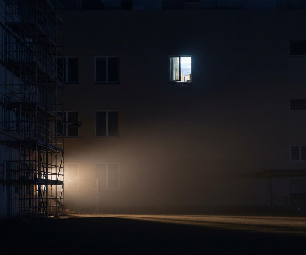 Nocny widok na fasadę budynku z widocznymi oknami i rusztowaniem. Na lewej ścianie budynku widać kilka rzędów okien z białymi ramami, a na całej wysokości tej ściany przylega metalowe rusztowanie. W centrum obrazu, w dolnej części, zza rusztowania bije jaskrawe, ciepłe światło, tworząc długie cienie na ciemnym, pustym placu przed budynkiem i rozświetlając mgłę lub parę unoszącą się w powietrzu. Po prawej stronie, na ciemnej fasadzie, wysoko na środku, jedno okno jest jasno oświetlone i uchylone, ukazując błękitne niebo z widocznym fragmentem innej budowli w tle.