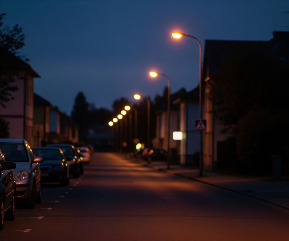 Ulica w nocy jest słabo oświetlona, z rzędem samochodów zaparkowanych wzdłuż lewej krawędzi. Szereg latarni ulicznych o ciepłym, pomarańczowym świetle rozciąga się w głąb obrazu po prawej stronie. Na końcu ulicy widoczne są niewyraźne zarysy domów, a niebo ma ciemnoniebieski odcień.