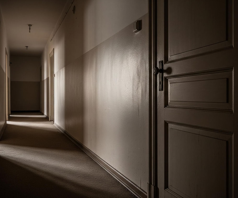 Na pierwszym planie, po prawej stronie, znajduje się ciemnobrązowe, drewniane drzwi z metalową klamką i okrągłą gałką. Widoczny jest długi korytarz, oświetlony częściowo naturalnym światłem padającym od lewej strony, tworzącym smugi na podłodze i ścianie. Ściany korytarza są dwukolorowe – dolna część jest ciemniejsza, a górna jaśniejsza, w odcieniach beżu i szarości, z widocznymi śladami zużycia i zabrudzeń. Na suficie, w oddali, znajdują się dwie pojedyncze oprawy oświetleniowe bez żarówek.