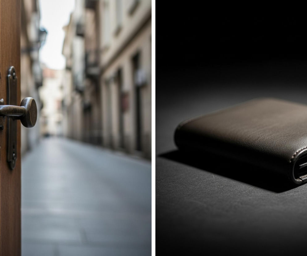 Dwie sceny ułożone obok siebie. Po lewej stronie widać uchwyt ozdobnych, brązowych, drewnianych drzwi uchylonych na wąską, pustą ulicę z rozmytymi budynkami po obu stronach. Po prawej stronie, na ciemnoszarym, teksturowanym tle z mocnym światłem padającym z góry, leży zamknięty, prostokątny, ciemnobrązowy portfel ze sztucznej skóry, z wyraźnymi szwami na krawędziach.