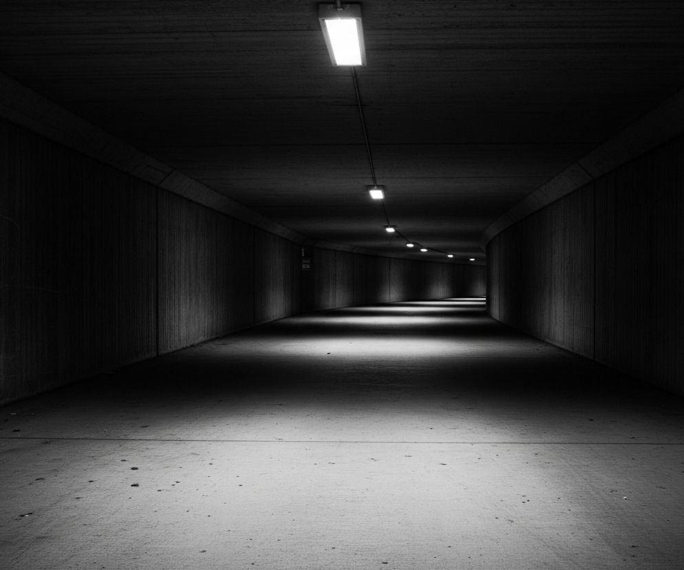 Wydłużony, ciemny tunel biegnie prosto w głąb obrazu, zwężając się w perspektywie. Sufit i ściany tunelu są ciemnoszare, o lekko ziarnistej teksturze. Na suficie, w centralnej części, widać rząd jaskrawo świecących, prostokątnych lamp, które rzucają intensywne, białe światło na podłogę. Światło z każdej lampy tworzy jasny prostokątny pas na szarej podłodze, które rozjaśniają się stopniowo w miarę zbliżania się do przodu tunelu. Boczne ściany i góra tunelu pozostają w cieniu, tworząc kontrast z oświetlonym środkiem podłogi.