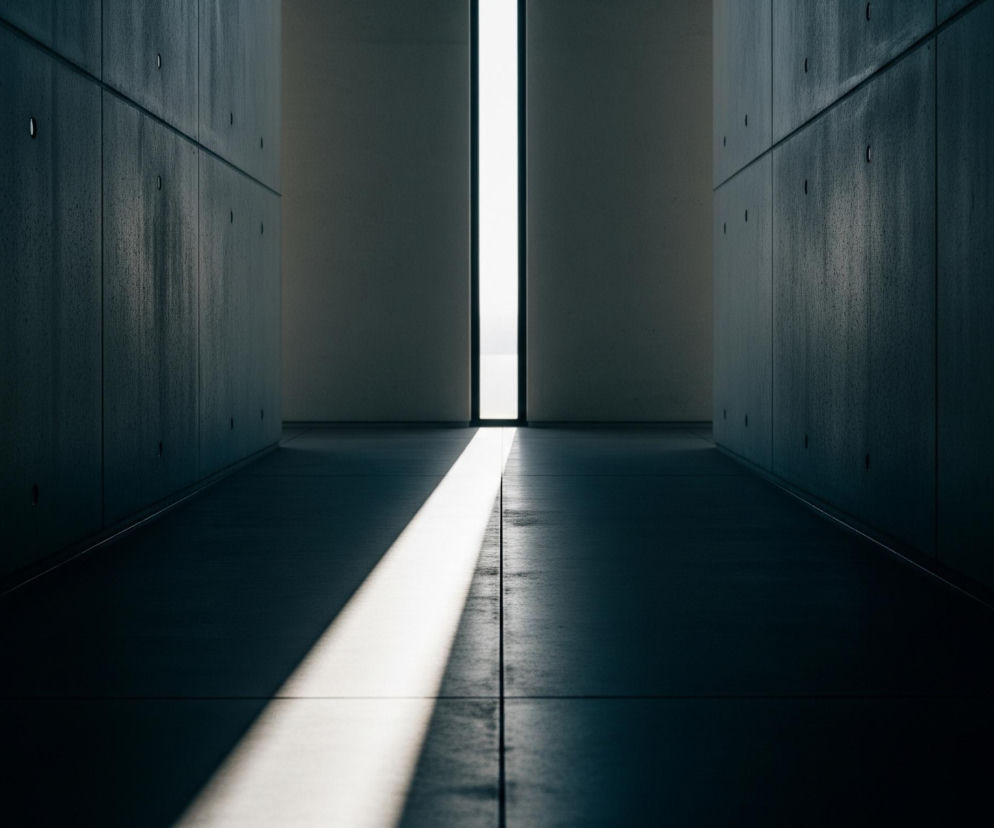 Wąski, betonowy korytarz rozciąga się w głąb obrazu, z dwiema ścianami po bokach i podłogą, wszystko utrzymane w ciemnych odcieniach szarości i granatu, sugerujących betonową konstrukcję. Na każdej ze ścian widoczne są regularnie rozmieszczone, małe, okrągłe wgłębienia. Na wprost, na końcu korytarza, znajduje się jasne, pionowe pasmo światła, które rzuca długi, promienny strumień na podłogę, tworząc wyraźny, ukośny pas jasności przechodzący przez środek kadru, od lewej dolnej części do środka obrazu.