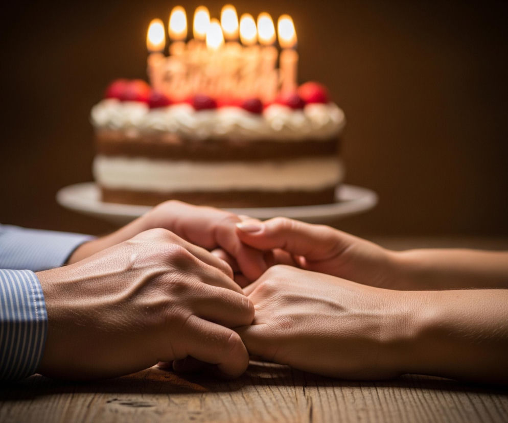 Dwie osoby trzymają się za ręce, leżące na drewnianym blacie stołu. Lewa ręka należy do osoby ubranej w niebieską koszulę w białe paski, a jej dłoń z wyraźnymi żyłami delikatnie ściska dłoń drugiej osoby. W tle, w rozmyciu, stoi tort urodzinowy z zapalonymi świecami, ozdobiony bitą śmietaną i czerwonymi owocami, prawdopodobnie malinami. Całość jest skąpana w ciepłym, przyciemnionym świetle, tworzącym intymną atmosferę.