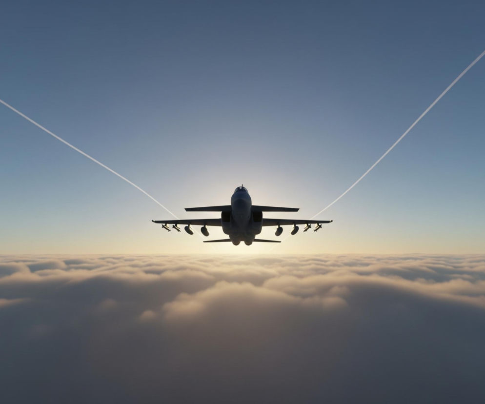 W centrum kadru znajduje się ciemny, aerodynamiczny samolot wojskowy lecący na tle jasnego nieba. Maszyna jest podświetlona od tyłu przez słońce, tworząc silny kontrast i ukazując jej sylwetkę z wyraźnymi skrzydłami oraz kilkoma podwieszonymi pociskami lub bombami. Poniżej samolotu rozciąga się gęsta warstwa białych, puszystych chmur, częściowo zacienionych od spodu. Nad samolotem, na błękitnym niebie, widoczne są dwie białe smugi kondensacyjne, rozchodzące się na boki, pozostawione prawdopodobnie przez inne samoloty.