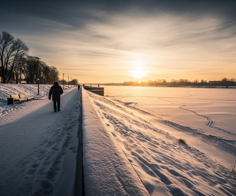 Człowiek w ciemnej kurtce idzie samotnie po zaśnieżonej alei w kierunku zachodzącego słońca, które rozświetla horyzont pomarańczowo-złotym blaskiem. Śnieg pokrywa większość krajobrazu, tworząc wydmy i delikatne smugi wiatru na zamarzniętej tafli wody po prawej stronie. Po lewej stronie alei znajdują się ławki i rząd bezlistnych drzew, których ciemne sylwetki kontrastują z jasnym niebem.