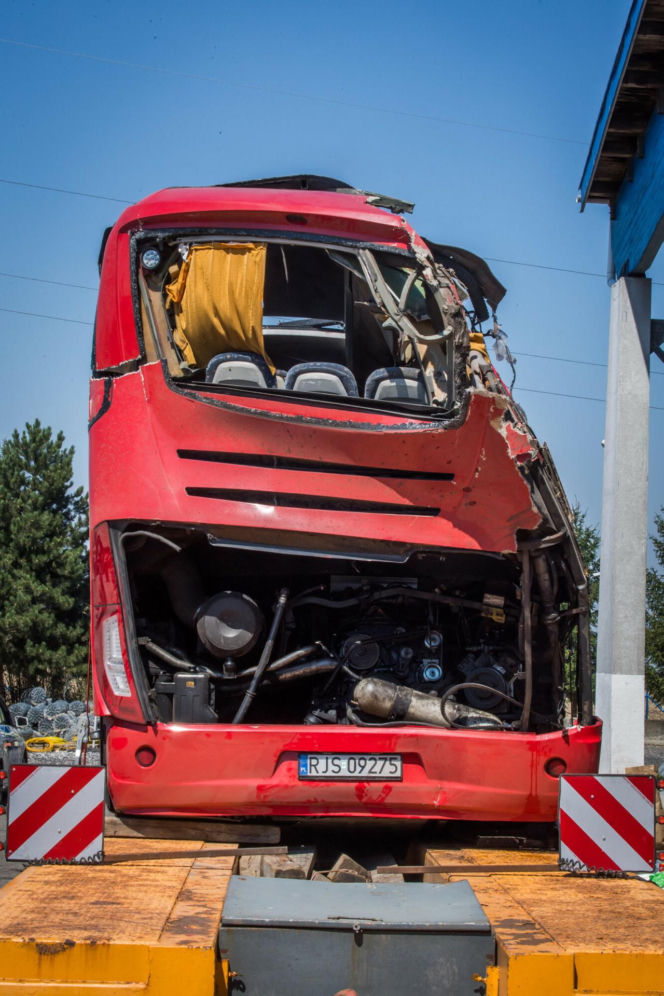 Polski autokar na policyjnym parkingu po wypadku na Węgrzech