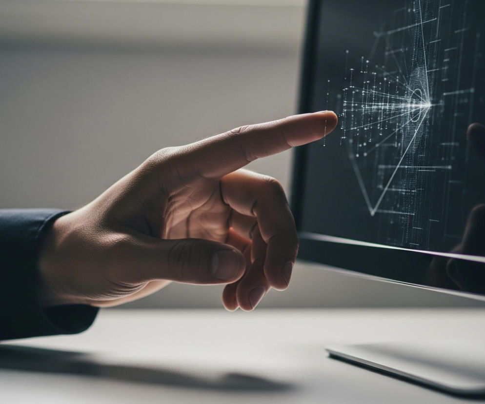 Prawa dłoń osoby, odzianej w ciemną koszulę z długim rękawem, wskazuje palcem wskazującym na czarny ekran monitora. Na ekranie widać jasne, białe linie i punkty tworzące złożoną, geometryczną strukturę, przypominającą trójwymiarową siatkę z centralnym punktem skupienia. Światło z ekranu odbija się od palca wskazującego. Scena jest słabo oświetlona, tło za monitorem jest szare i niewyraźne, a powierzchnia stołu pod monitorem jasnoszara.