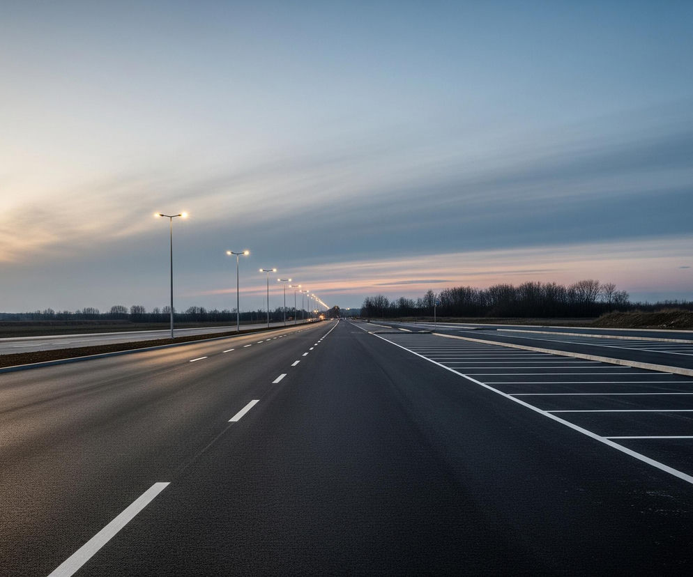 Długa, czarna, pusta droga biegnie prosto w dal, oświetlona rzędem jasno świecących latarni po lewej stronie. Po prawej stronie drogi znajduje się duży, pusty parking z białymi liniami wyznaczającymi miejsca postojowe. Horyzont dominuje rozległe niebo z przejściem kolorów od jasnego różowo-pomarańczowego u dołu do błękitu i ciemniejszego granatu u góry. Na horyzoncie po obu stronach drogi widać ciemne sylwetki drzew i krzewów.