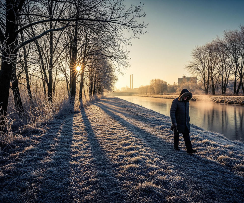 Kobieta w ciemnej kurtce z kapturem obszytym futrem idzie ścieżką wzdłuż zamarzniętej rzeki. Po lewej stronie ścieżki ciągnie się rząd wysokich, nagich drzew pokrytych szronem, zza których prześwituje słońce, tworząc długie cienie na ścieżce. Roślinność na brzegach rzeki, zarówno na pierwszym planie, jak i w oddali, jest oszroniona i mieni się w złotym świetle. W tle widoczne są zabudowania przemysłowe z dwoma wysokimi kominami oraz inne budynki, a niebo stopniowo zmienia kolor od jasnego błękitu na horyzoncie do ciemniejszego błękitu w górnej części obrazu.