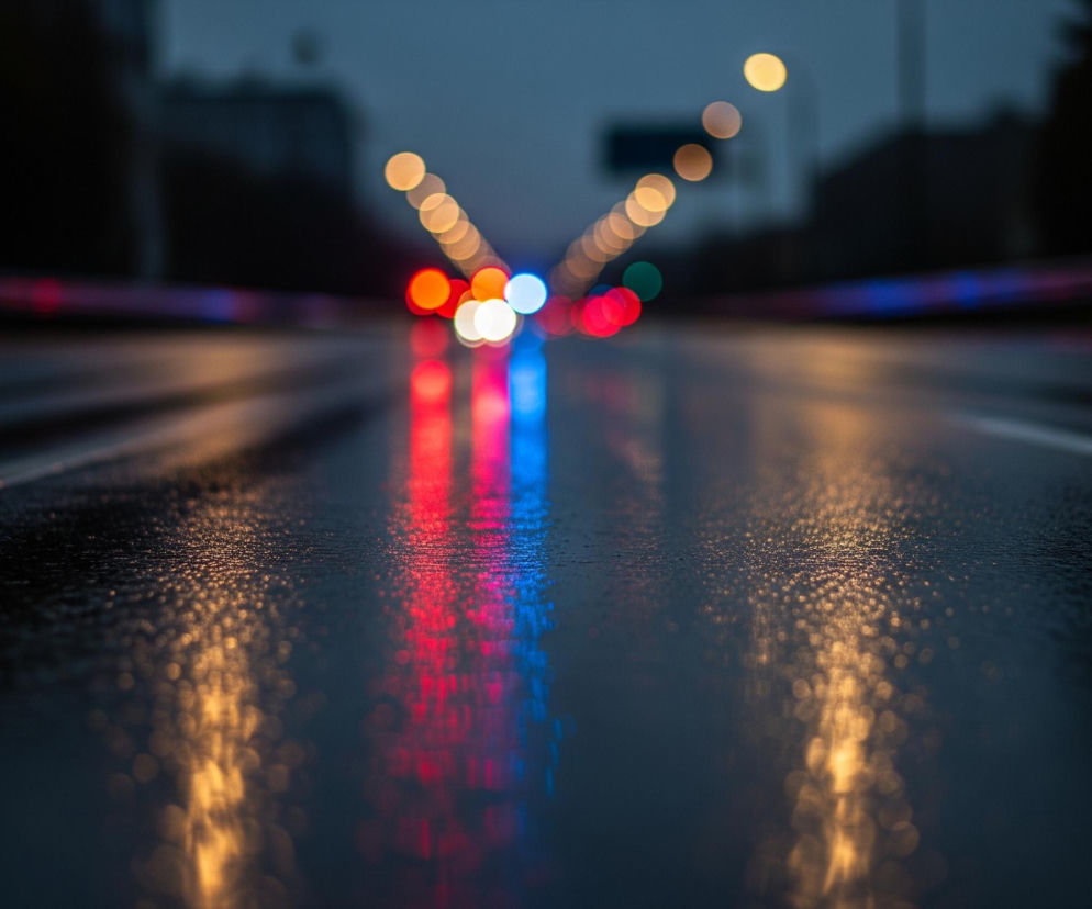 Na pierwszym planie widoczna jest mokra, ciemna nawierzchnia drogi, odblaskujące światła miejskie. Z oddali rozciąga się linia kolorowych, rozmytych świateł, tworząc efekt bokeh; dominują okręgi w odcieniach pomarańczowego, czerwonego, białego i niebieskiego. Po prawej stronie widać blade odblaski pomarańczowych świateł na mokrej drodze, a po lewej intensywne czerwone i niebieskie światła. W tle zarysowują się niewyraźne, ciemne kształty budynków lub drzew, a niebo ma odcień ciemnego błękitu.
