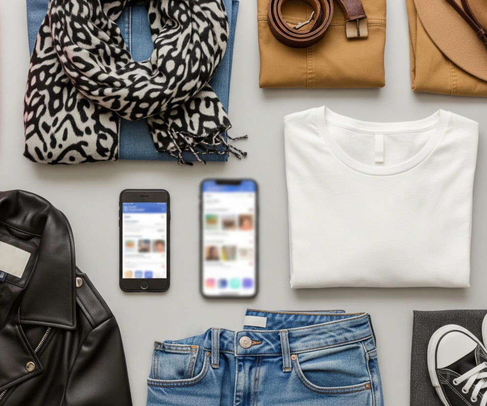 Na jasnoszarym tle ułożono różnorodne elementy garderoby i dwa telefony komórkowe, tworząc kompozycję z lotu ptaka. U góry po lewej stronie znajduje się złożony, pomarańczowy sweter z prążkowanej dzianiny, a obok niego, na złożonych jeansach, leży czarno-biały szal z frędzlami o nieregularnym, zwierzęcym wzorze. W górnej części obrazu, po prawej stronie od szala, ułożono beżowe spodnie z brązowym, zwiniętym paskiem, a tuż obok nich spoczywa beżowy kapelusz z rondem i ozdobnym paskiem.

Poniżej tego rzędu, na środku, leżą dwa białe, złożone t-shirty. Po lewej stronie od nich, w dolnym rogu, leży czarna, skórzana kurtka z metalowymi zamkami błyskawicznymi i guzikami, a na jej tle widoczne są wszywki z etykietami. Pomiędzy kurtką a t-shirtami leżą dwa czarne smartfony, jeden wyraźny, z ekranem wyświetlającym rozmazany interfejs aplikacji społecznościowej, a drugi rozmazany, leżący bardziej po prawej stronie. Na dole, po prawej stronie od smartfonów i pod t-shirtami, leżą złożone jeansy, a obok nich, na ciemnoszarej tkaninie, ustawiona jest para czarno-białych tenisówek z białymi sznurówkami i podeszwami.