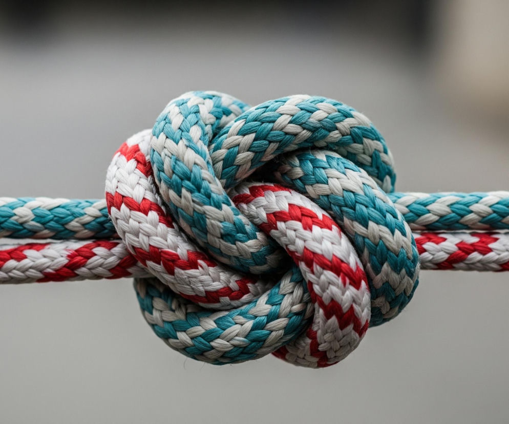 Centralnie umieszczone są dwie plecione liny, jedna biało-turkusowa, druga biało-czerwona, związane w złożony węzeł o cylindrycznym kształcie. Liny biegną poziomo przez obraz, krzyżując się w środku, gdzie tworzą gęsto splecioną, trójwymiarową formę. Struktura węzła ukazuje wyraźne przeplatanie się segmentów obu lin, eksponując ich kolory i fakturę. Tło jest jednolicie rozmyte, w odcieniach szarości, co sprawia, że liny i węzeł są wyraźnie odcięte od otoczenia.