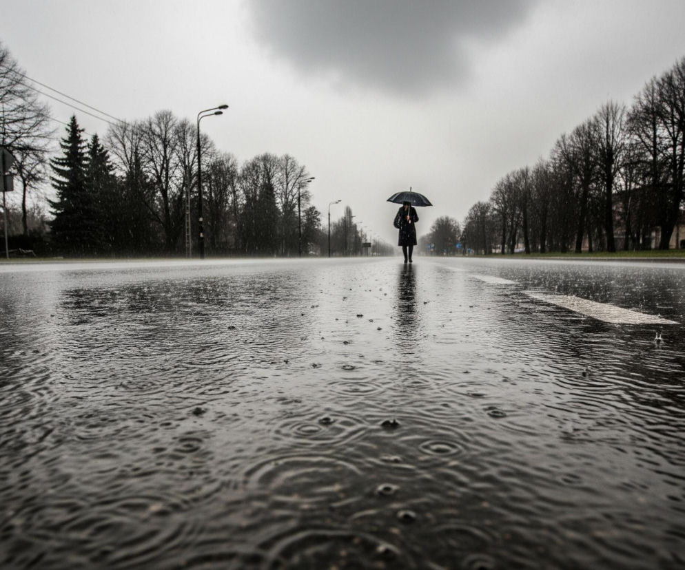 Osoba w ciemnym płaszczu i z czarną parasolką kroczy środkiem szerokiej, mokrej drogi, na której widoczne są liczne kałuże i kręgi od padających kropli deszczu. Po obu stronach drogi rosną drzewa z nagimi gałęziami, tworząc ciemne sylwetki na tle jasnego, zachmurzonego nieba. Na horyzoncie, w oddali, widać słupy oświetleniowe, a cała scena utrzymana jest w szaro-czarnej tonacji, podkreślającej deszczową pogodę.