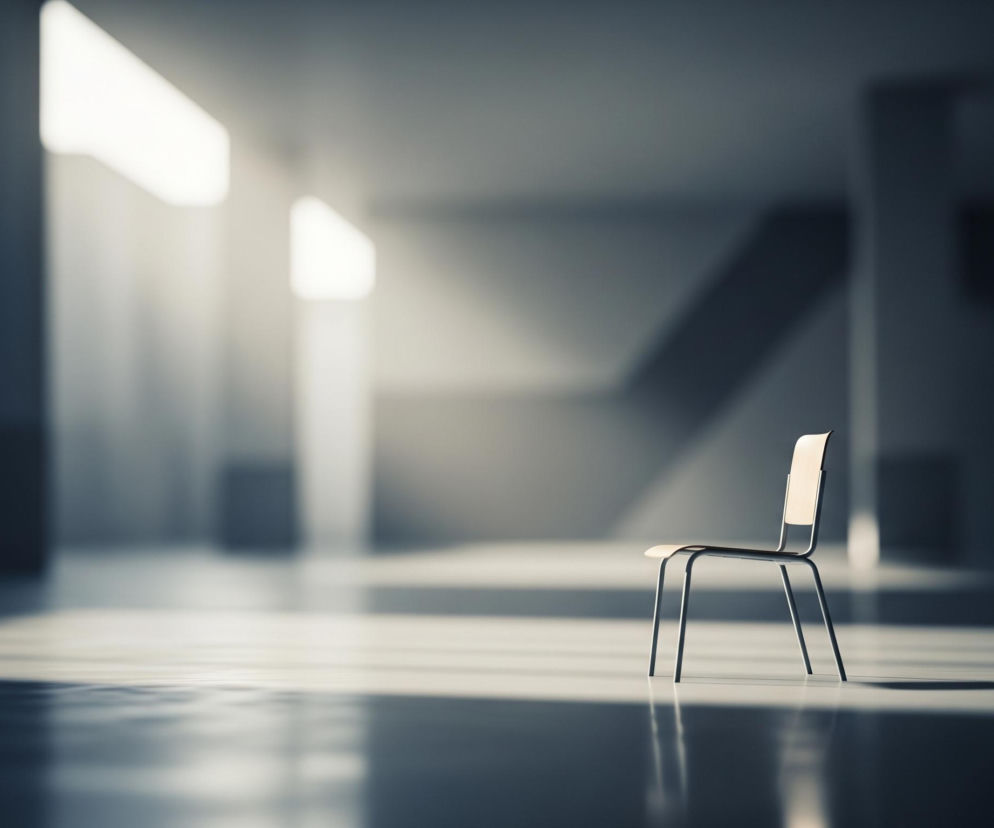 Na pierwszym planie, po prawej stronie kadru, znajduje się pojedyncze krzesło o prostej, minimalistycznej konstrukcji. Siedzisko i oparcie krzesła są w jasnym, beżowym kolorze, a metalowa, zaokrąglona rama i nogi są w ciemnym odcieniu szarości. Krzesło rzuca wyraźny cień na błyszczącą podłogę, która jest ciemniejsza w pierwszym planie i staje się jaśniejsza w oddali.

W tle rozciąga się przestronne, nowoczesne wnętrze, utrzymane w odcieniach szarości i bieli, z wyraźnymi kontrastami światła i cienia. Promienie światła wpadają z lewej strony, tworząc jasne plamy na ścianach i podłodze oraz podkreślając geometryczne kształty architektury. Po prawej stronie widać zarys schodów lub rampy, znikający w oddali.