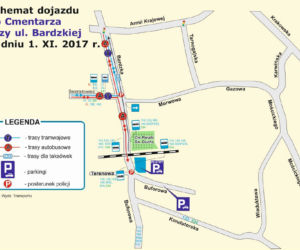 Schemat dojazdu komunikacją miejską do Cmentarza Parafii Św. Ducha przy ul. Bardzkiej