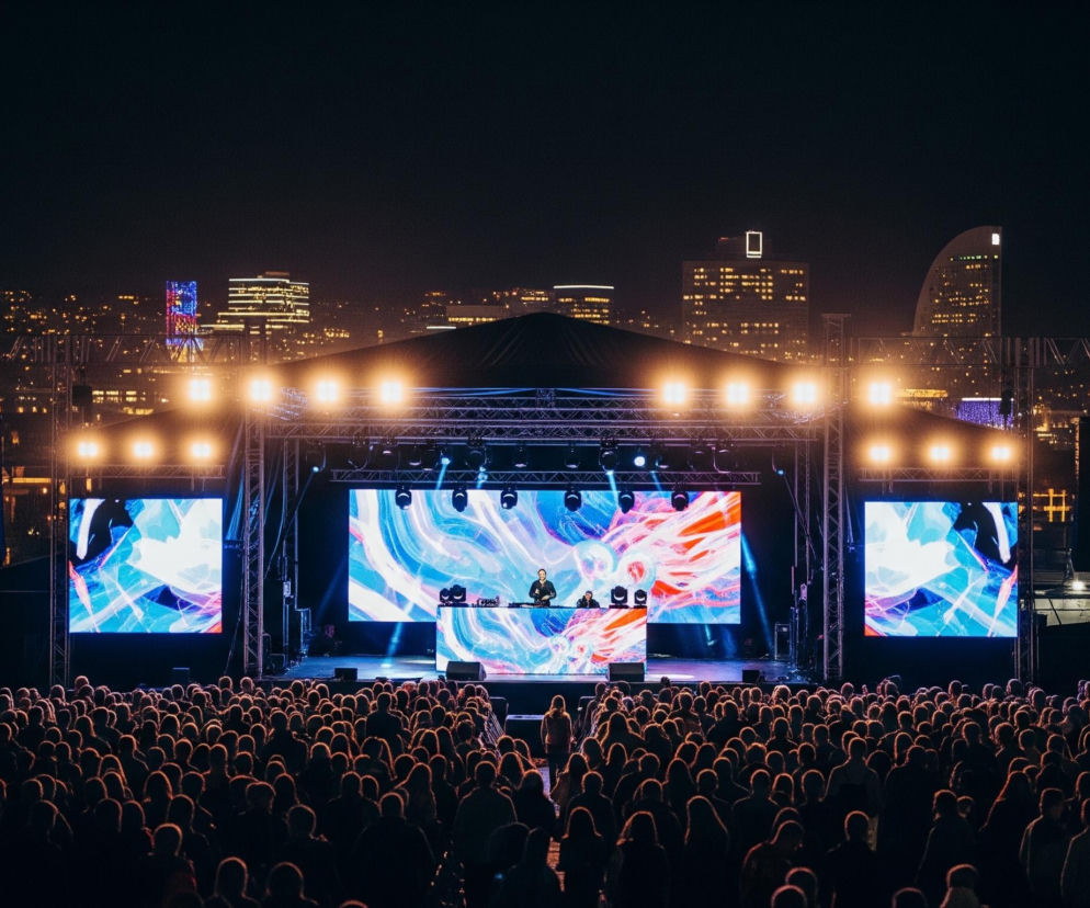 Duży tłum ludzi, widoczny od tyłu, stoi przed sceną koncertową pod gołym niebem, po zmroku. Na scenie, oświetlonej jasnymi reflektorami, znajduje się DJ grający na konsoli, przed nim trzy duże ekrany LED wyświetlające abstrakcyjne, kolorowe wzory w odcieniach niebieskiego, fioletowego i pomarańczowego. W tle rozciąga się panorama miasta z licznymi, rozświetlonymi budynkami oraz dużym, podświetlonym na różowo-niebiesko kołem widokowym, co wskazuje na nocny event w miejskiej przestrzeni.