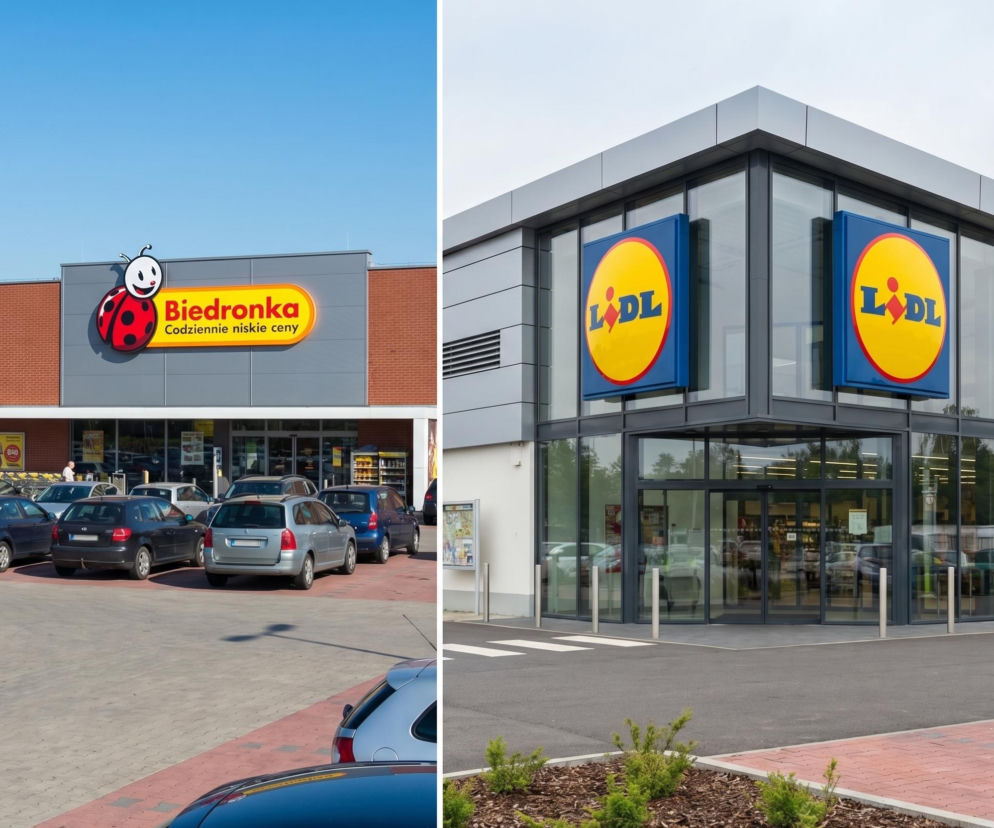 Budynki sklepów Biedronka i Lidl, każdy z własnym parkingiem, symbolizują starcie gigantów handlu. Artykuł na Super Biznes analizuje weekendowe promocje, porównując oferty tych popularnych dyskontów. Zdjęcie ilustruje konkurencyjne strategie.
