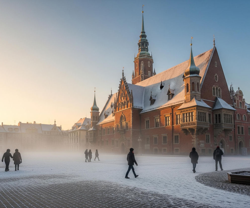 Rozległy, zimowy plac pokryty warstwą białego śniegu, z kilkoma osobami idącymi przez niego. Centralny punkt zajmuje duży, ceglany budynek w stylu gotyckim z wieloma wieżami, z których jedna jest wyraźnie wyższa i zwieńczona szpicem, wszystkie dachy pokryte są śniegiem. Na pierwszym planie po lewej stronie znajduje się chodnik wyłożony kostką brukową, przechodzący w ośnieżoną powierzchnię placu, a po lewej i prawej stronie kadru widoczne są nagie drzewa z delikatnie oszronionymi gałęziami. Cała scena skąpana jest w miękkim, złotym świetle zachodzącego lub wschodzącego słońca, które rozświetla niebo, przechodząc od jasnego pomarańczu po lewej stronie do błękitu po prawej, a w tle majaczą sylwetki innych budynków, częściowo zasłoniętych przez mgłę.