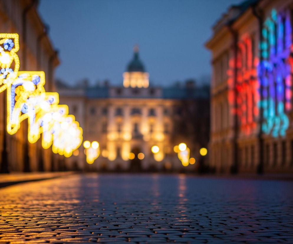 Brukowana ulica w centrum zdjęcia odbija światło, biegnąc w głąb perspektywy. Po lewej stronie widać słupy oświetleniowe udekorowane girlandami świetlnymi w kolorze żółtym i niebieskim, tworzącymi abstrakcyjne kształty. Po prawej stronie, na fasadzie budynku, rozbłyskują pionowe pasy świateł w odcieniach czerwieni, błękitu i fioletu. W tle, na końcu ulicy, majaczy budynek z kopułą, oświetlony delikatnym, żółtawym światłem, pod niebem w odcieniach szarości i błękitu.