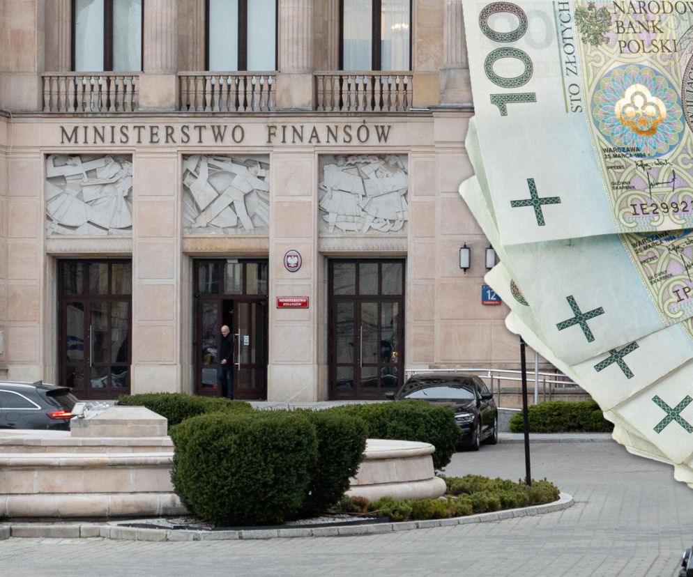 Gmach Ministerstwa Finansów z widocznym napisem nad wejściem. Obok grafika z banknotami 100 złotych. Czytaj na SE Superbiz.