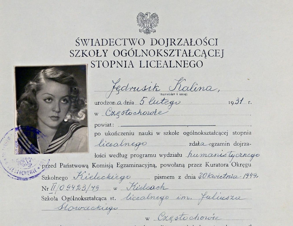 Świadectwo maturalne Kaliny Jędrusik z 1949 roku