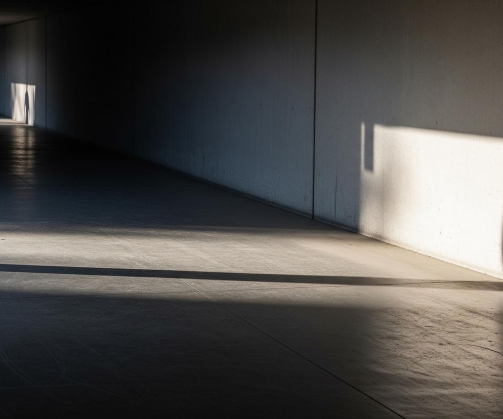 W długim, ciemnym korytarzu z jasnoszarymi, betonowymi ścianami i podłogą, dominującym elementem jest wydłużony cień ludzkiej postaci rzutowany na prawą ścianę oraz fragment podłogi. Światło słoneczne wpada z lewej strony, tworząc długie, ukośne pasy jasności na podłodze, przechodzące od bieli do coraz ciemniejszego szarego w głąb korytarza. W oddali, na lewej ścianie, widoczny jest czerwony, pionowy element, prawdopodobnie gaśnica, oraz pas jasnego światła w otworze na końcu korytarza.