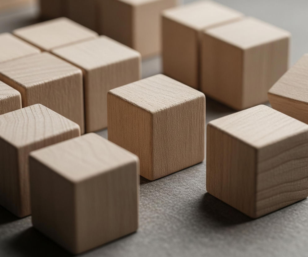 Na szarym, ziarnistym tle ułożone są liczne, drewniane kostki. Większość kostek jest jasnobrązowa, o gładkiej fakturze z widocznym, delikatnym usłojeniem drewna, a ich krawędzie są lekko zaokrąglone. W prawym dolnym rogu jedna kostka jest położona bokiem. Całość jest oświetlona z lewej strony, rzucając cień na prawą stronę kostek i podłoża.