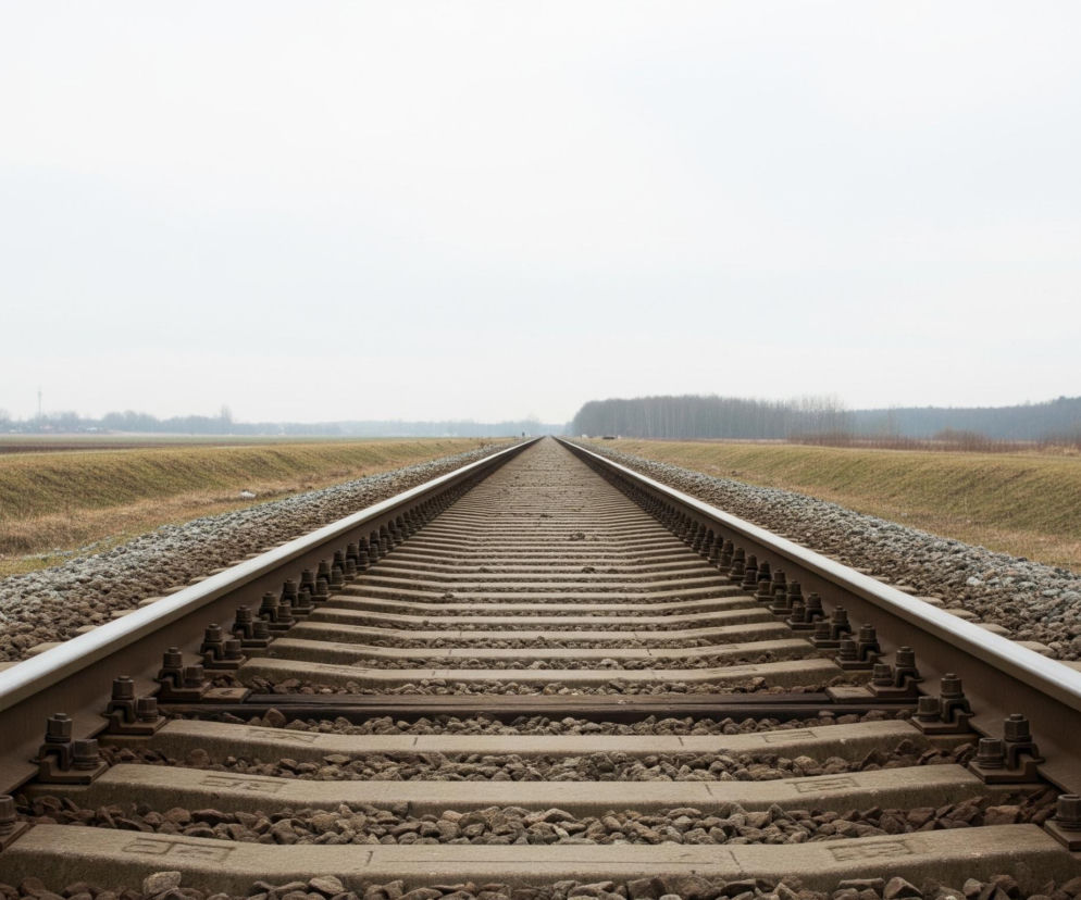 Tory kolejowe biegnące prosto w głąb obrazu dominują centrum kadru, zbiegając się w odległym punkcie horyzontu. Szyny są metaliczne, jaśniejsze na górze, osadzone na betonowych podkładach, a pomiędzy nimi oraz po bokach znajduje się warstwa szarego tłucznia. Po obu stronach torów rozciągają się brązowo-zielone pola, lekko pagórkowate, z rzadką, suchą trawą. Na horyzoncie, po lewej stronie, widać skupiska drzew i zabudowania, natomiast po prawej stronie horyzontu rozciąga się pas lasu, złożony z drzew bez liści, a dalej na prawo pojedynczy słup energetyczny. Całość jest skąpana w jednolitym, jasnoszarym świetle pochmurnego nieba, które zajmuje górną połowę obrazu.