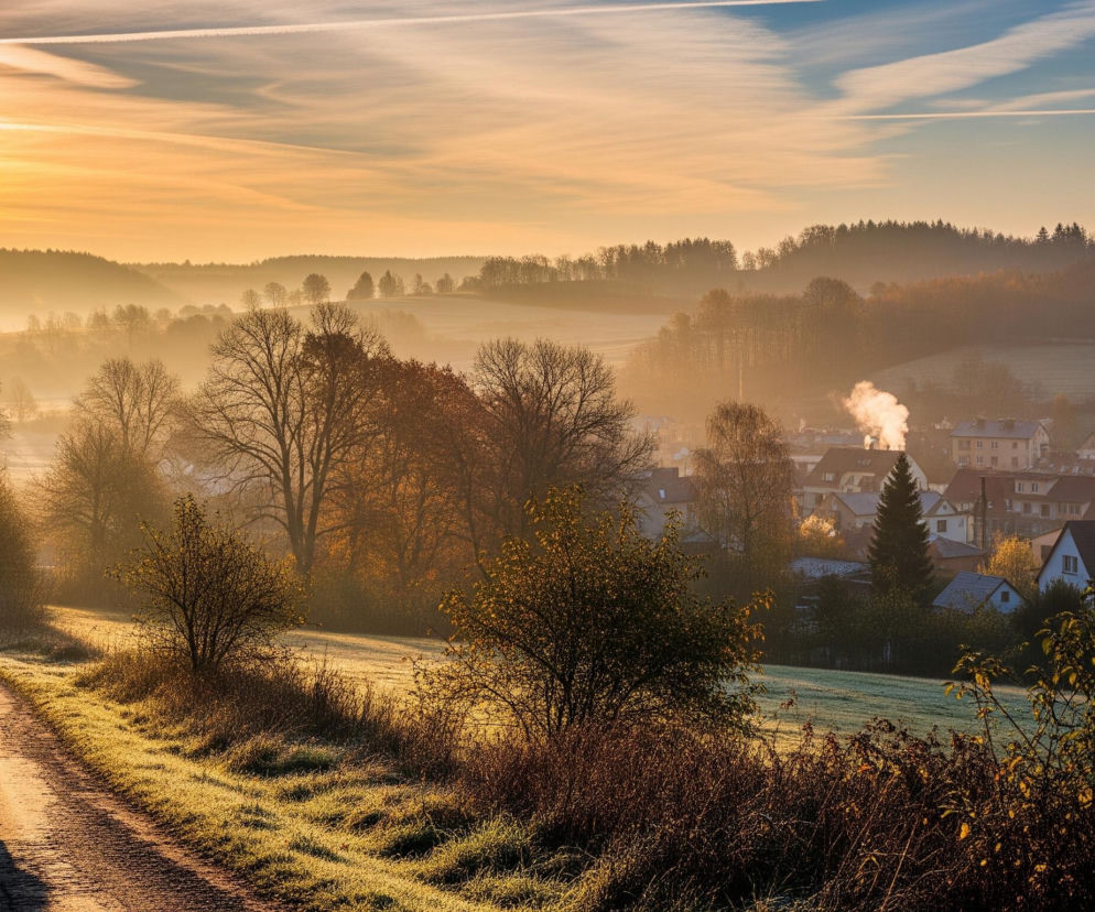 Pojedyncza osoba idzie krętą drogą w krajobrazie wiejskim o wschodzie słońca, tworząc długi cień. Słońce, nisko na horyzoncie po lewej stronie, rozświetla niebo intensywnymi odcieniami pomarańczu i złota, przechodzącymi w błękit na górze. Po prawej stronie drogi widoczne jest miasto z domami o spadzistych dachach, z którego unosi się dym z komina, otoczone mgłą, a dalej w tle rozciągają się wzgórza pokryte gęstym lasem.