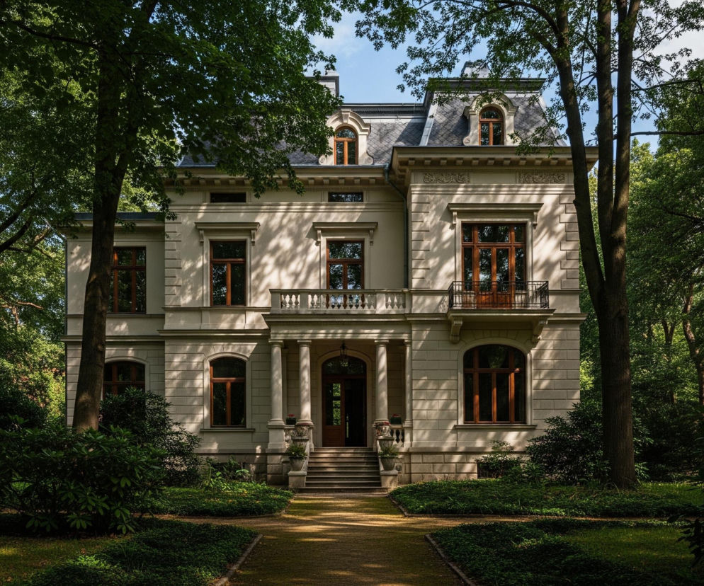 Duża, klasyczna willa o jasnych, kremowych ścianach i szarym, spadzistym dachu z lukarnami dominuje w centrum obrazu, otoczona gęstym, zielonym lasem. Budynek posiada liczne okna z ciemnobrązowymi ramami, a na drugim piętrze widoczne są dwa balkony – jeden z balustradą z tralek, drugi z kutego żelaza. Wejście główne prowadzą schody, a nad nimi znajduje się zadaszony portyk wsparty na dwóch kolumnach. Otacza go ogród z niskimi krzewami i trawnikiem, przez który prowadzi żwirowana ścieżka. Dookoła willi rosną wysokie drzewa o gęstych, zielonych koronach, rzucające cienie na fasadę budynku i podłoże.