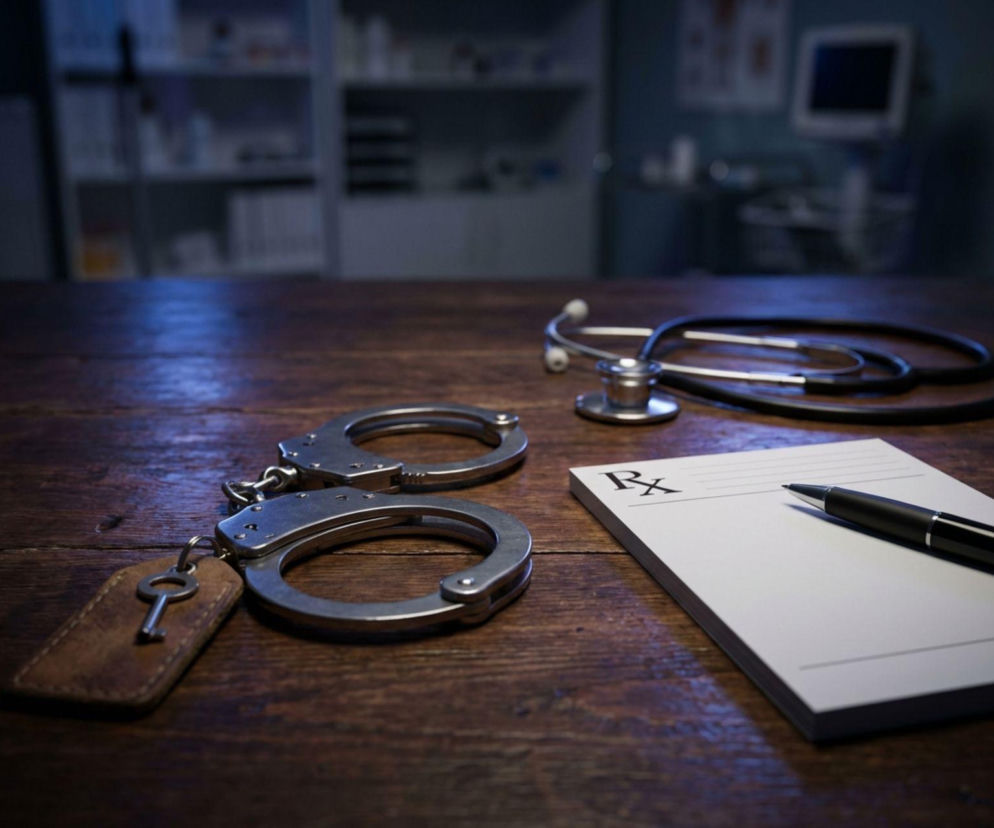 Kajdanki, stetoskop i recepta na biurku