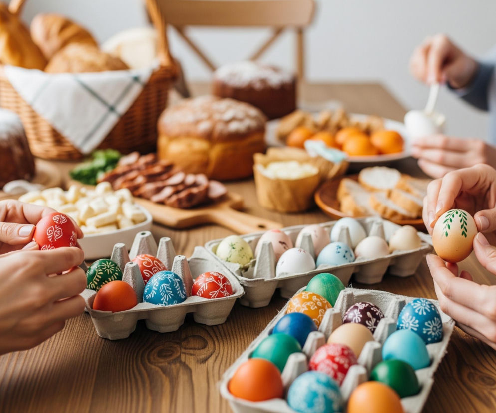 Na pierwszym planie, po prawej stronie stołu, dłonie kobiety trzymają brązowe jajko z zielonym wzorem gałązek. Obok niego, na środku stołu, leżą otwarte wytłaczanki z wielobarwnymi, dekorowanymi jajkami, w tym czerwonymi z białymi wzorami, turkusowymi i zielonymi. Na stole, za wytłaczankami, widać ułożone potrawy: okrągłą babkę z cukrem pudrem, kosz z pieczywem, miskę z pokrojonym serem, deskę z wędliną i pomarańczowe owoce. W tle, częściowo widoczna, druga osoba dekoruje białe jajko.