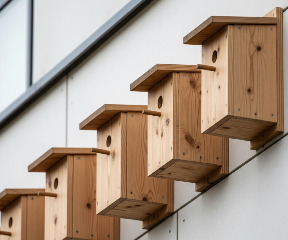 Siedem drewnianych budek dla ptaków, wykonanych z jasnego drewna, przymocowanych jest do białej, teksturowanej ściany budynku, rozmieszczonych w diagonalnej linii od lewego do prawego dolnego rogu. Każda budka ma skośny daszek, okrągły otwór wejściowy oraz małą drewnianą żerdkę poniżej otworu. Elementy budek połączone są za pomocą srebrnych śrub. W tle, po lewej stronie, widoczne są fragmenty ciemnych ram okiennych oraz szyby, odbijające światło.