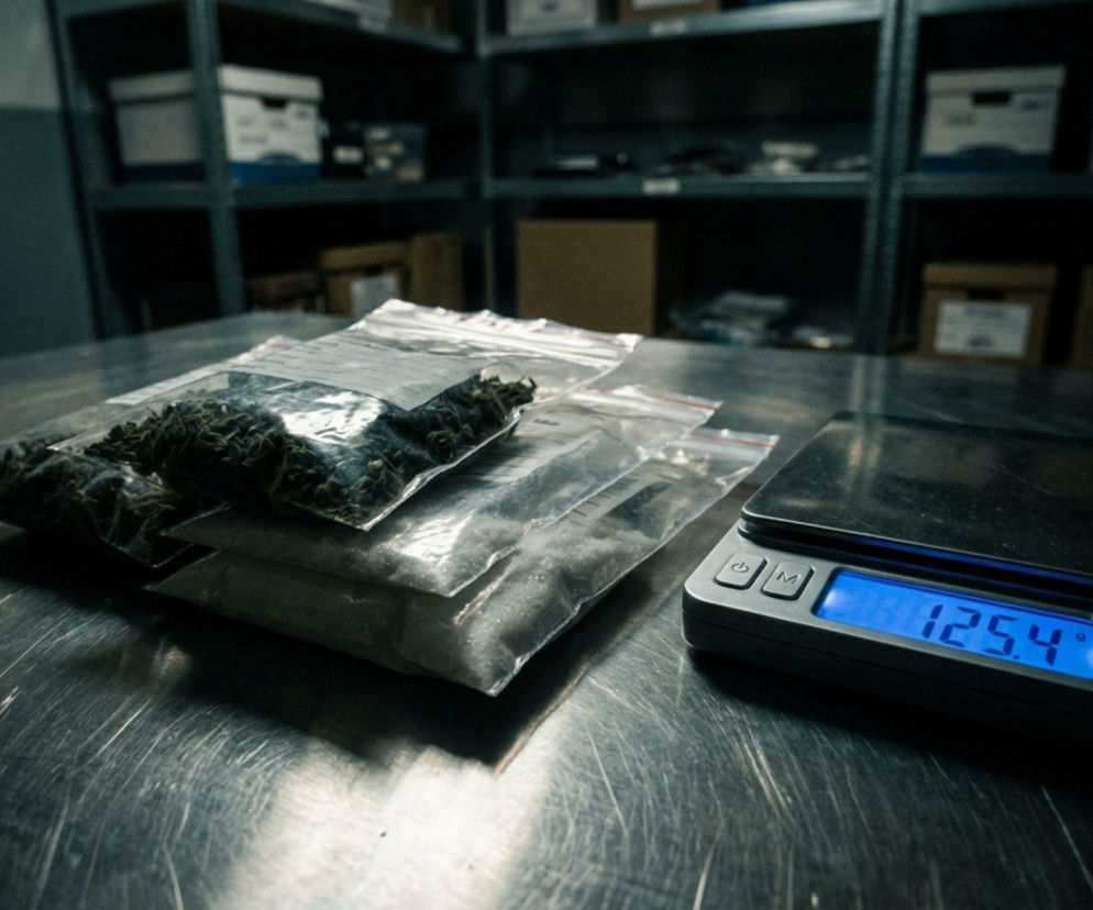 Worki dowodowe z narkotykami i waga na stole