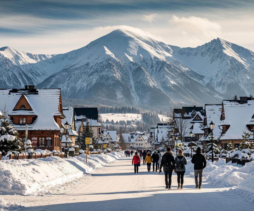Zimowy pejzaż ukazuje szeroką, zasypaną śniegiem ulicę prowadzącą w głąb obrazu, gdzie na horyzoncie dominują ośnieżone, wysokie góry. Po obu stronach ulicy stoją tradycyjne drewniane domy z pokrytymi grubą warstwą śniegu dachami, ich spadziste szczyty ozdobione są jasnymi deskami. Wzdłuż ulicy, na poboczach usypano wysokie zaspy śniegu, a po chodnikach spaceruje wiele osób, ich sylwetki rzucają długie cienie na jasny śnieg. Nad wszystkim góruje niebo z błękitnymi i białymi pasmami chmur.