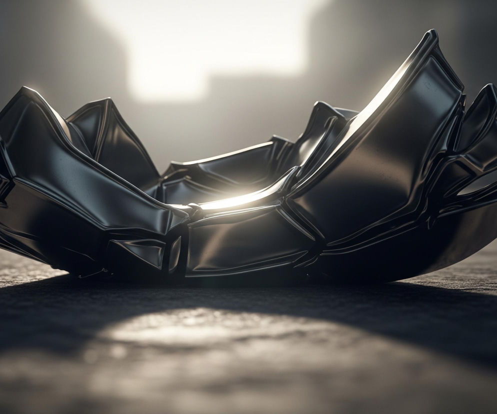 Na pierwszym planie, centralnie, leży ciemny, metaliczny obiekt o złożonej, nieregularnej formie. Jego powierzchnia jest gładka i lśniąca, z licznymi załamaniami i krawędziami, odbijającymi jasne światło z góry i z tyłu. Obiekt rzuca długi, ciemny cień na chropowatą, szarą powierzchnię, na której spoczywa, podkreślając jego trójwymiarowość. Tło jest rozmyte, jaśniejsze w górnej części, z subtelnymi przejściami tonalnymi od bieli i jasnej szarości do ciemniejszej szarości i czerni, tworząc wrażenie głębi i tajemniczości.