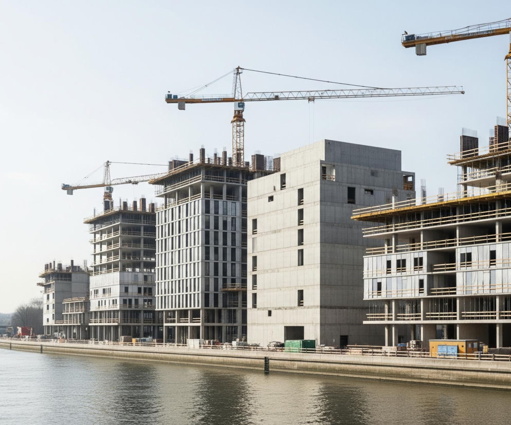 Plac budowy z wieloma niedokończonymi, szarymi budynkami z betonu i licznymi, żółtymi żurawiami budowlanymi pod jasnym niebem. Konstrukcje budynków, w tym wystające pręty zbrojeniowe i drewniane bariery, widoczne są na tle rzeki, która płynie wzdłuż prawego brzegu. W oddali, po lewej stronie rzeki, zarysowują się zamazane miejskie budowle i most.