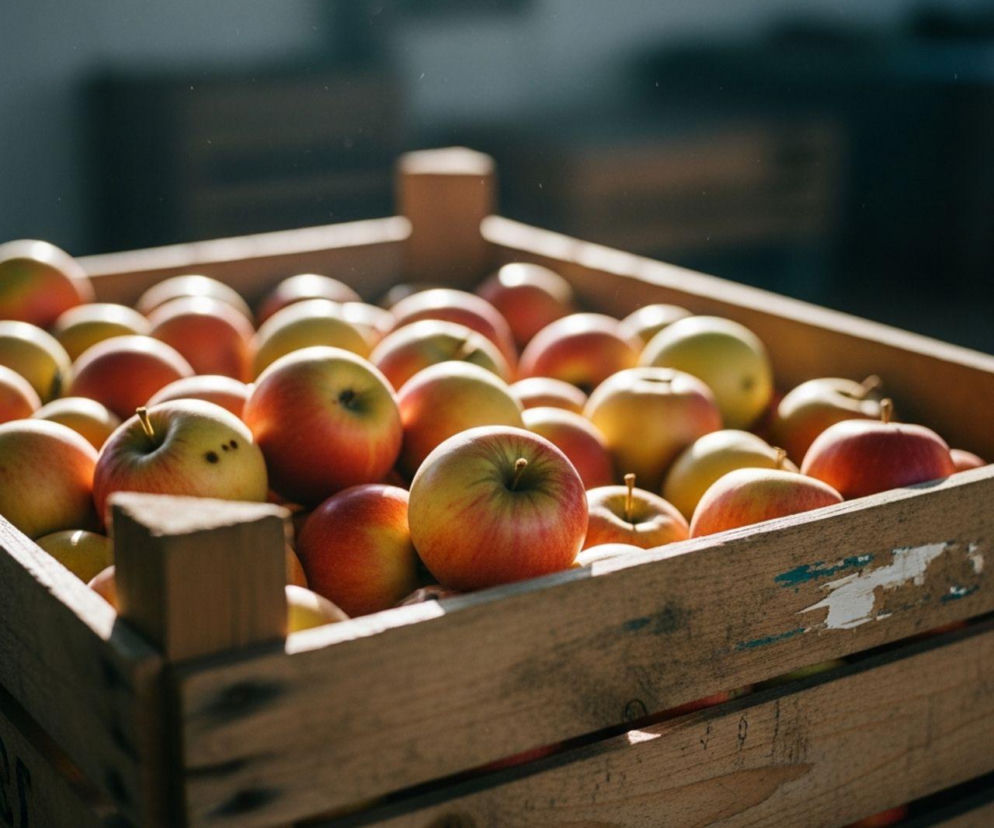 Czerwono-żółte jabłka ekologiczne w drewnianej skrzyni, w kontekście rosnącego eksportu polskiej żywności ekologicznej, w tym świeżych owoców, na rynki poza Unią Europejską. Więcej o rolnictwie ekologicznym przeczytasz na portalu Super Biznes.