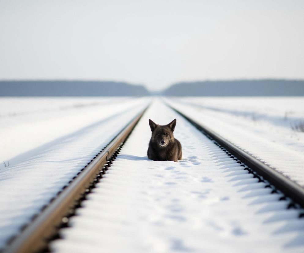 Mały, ciemnobrązowy pies lub szczeniak, siedzący pośrodku zaśnieżonego toru kolejowego, dokładnie pomiędzy dwiema szynami, i patrzący wprost na widza. Tory kolejowe biegną w dal, zbiegając się w punkcie na horyzoncie, a cała scena jest pokryta grubą warstwą białego śniegu, z delikatnymi śladami łap psa na śniegu między szynami. W tle, na horyzoncie, rozciąga się ciemny pas lasu, a powyżej znajduje się jasne, zamglone niebo.