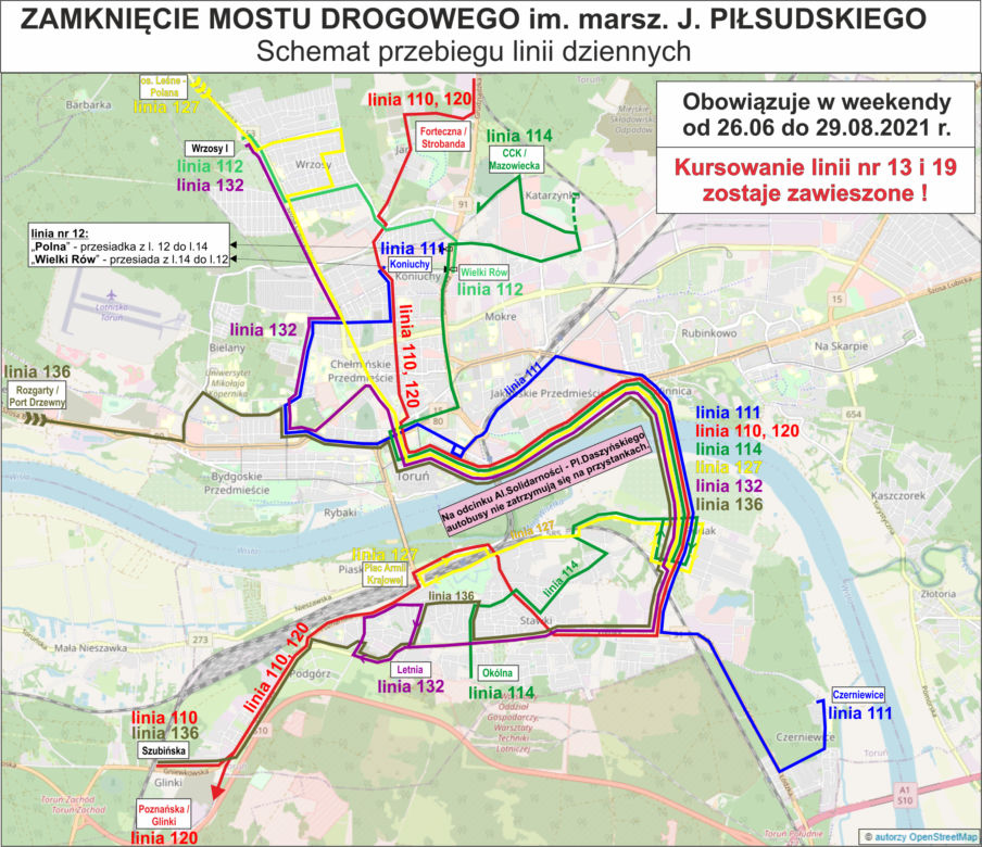 Zamknięcie mostu Piłsudskiego w Toruniu. Schematy funkcjonowania komunikacji miejskiej