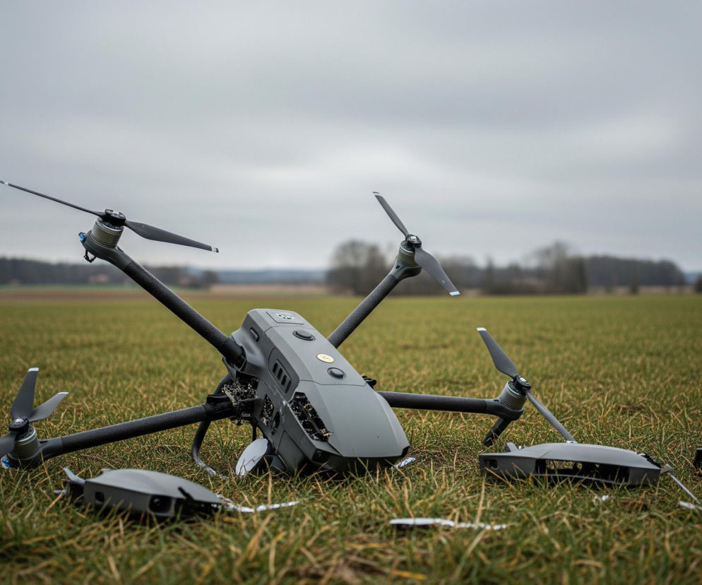 Uszkodzony, ciemnoszary dron z czterema śmigłami leży na zielonej trawie. Fragmenty jego obudowy są rozrzucone wokół. Tło stanowi rozległe, zielone pole i linia drzew na horyzoncie pod zachmurzonym, jasnoszarym niebem.