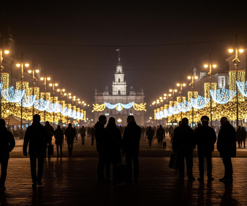 Nocny widok na szeroką, oświetloną ulicę z licznymi ludźmi. Po obu stronach ulicy ciągną się rzędy latarni o ciepłym, pomarańczowym świetle, ozdobione długimi, pionowymi girlandami z żółtych światełek oraz mniejszymi, wiszącymi ozdobami w kształcie przypominającym kokardy, wykonanymi z niebieskich światełek. Tło stanowi monumentalny, jasno oświetlony budynek z wysoką wieżą, znajdujący się na końcu ulicy. Na pierwszym planie, w dolnej części kadru, widać wiele sylwetek ludzi poruszających się lub stojących, większość z nich jest zacieniona i niewyraźna, co podkreśla blask świątecznych iluminacji w tle.