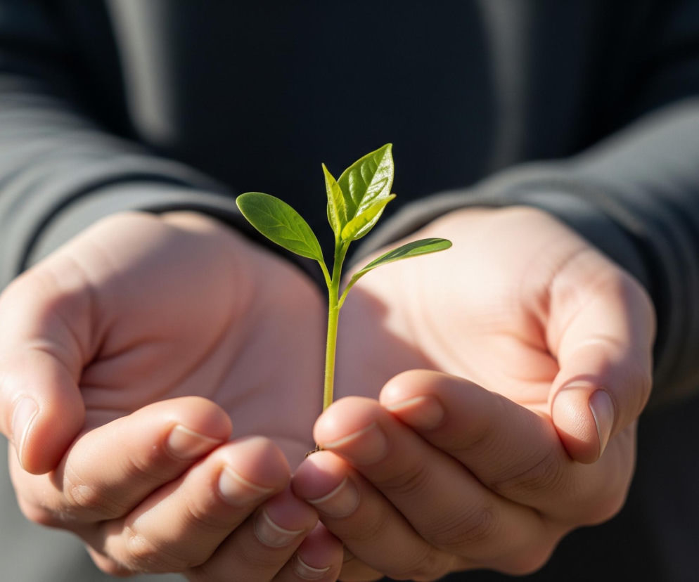 Młoda roślina z jasnozielonymi liśćmi i cienką łodygą wyrasta z niewielkiej ilości ziemi, znajdując się w delikatnie złożonych dłoniach, które ją podtrzymują. Dłonie te należą do osoby ubranej w ciemnoszarą bluzę z długimi rękawami, widoczną w rozmyciu w tle, podobnie jak jasnobrązowe obszary po bokach. Światło padające z lewej strony oświetla roślinkę i dłonie, tworząc subtelne cienie.