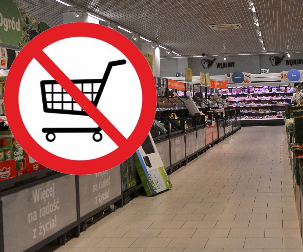 Znak zakazu handlu z przekreślonym koszykiem na tle pustego supermarketu z półkami wędlin i ryb. Symbolizuje niedziele niehandlowe oraz wyjątki od zakazu, o których można przeczytać na Super Biznes.