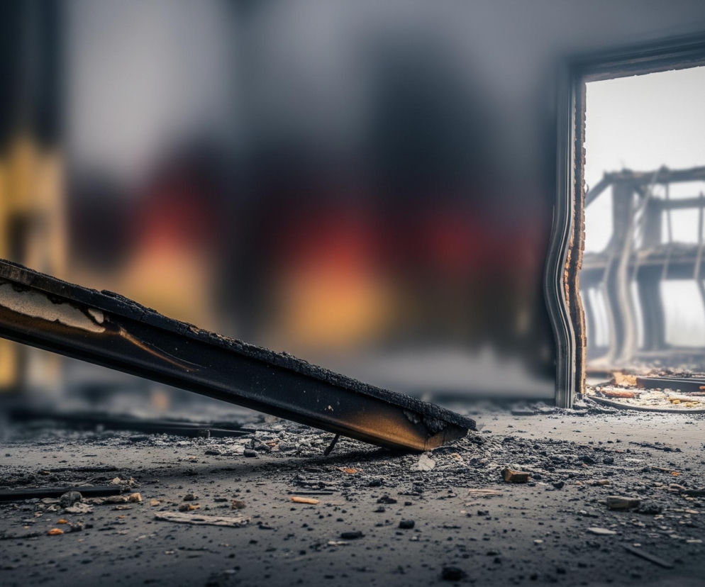 Czarny, metalowy element konstrukcyjny, oparty o podłogę, zajmuje pierwszy plan, biegnąc ukośnie od lewego dolnego rogu ku środkowi obrazu; jego powierzchnia jest miejscami nadpalona i pokryta sadzą. Podłoga, wykonana z betonu, jest zasłana gruzem, odłamkami i drobnymi cząstkami o nieregularnym kształcie i zmiennej teksturze, tworząc cieniowanie od szarości po ciemny grafit. Po prawej stronie widoczne jest zniekształcone metalowe ościeże drzwiowe, prowadzące do jasnego, zamazanego obszaru z nieostrymi, ciemnymi konturami struktur budowlanych. W tle, na lewo od ościeża, rozmyte, pomarańczowe i czerwone plamy sugerują obecność ognia lub silnego oświetlenia.