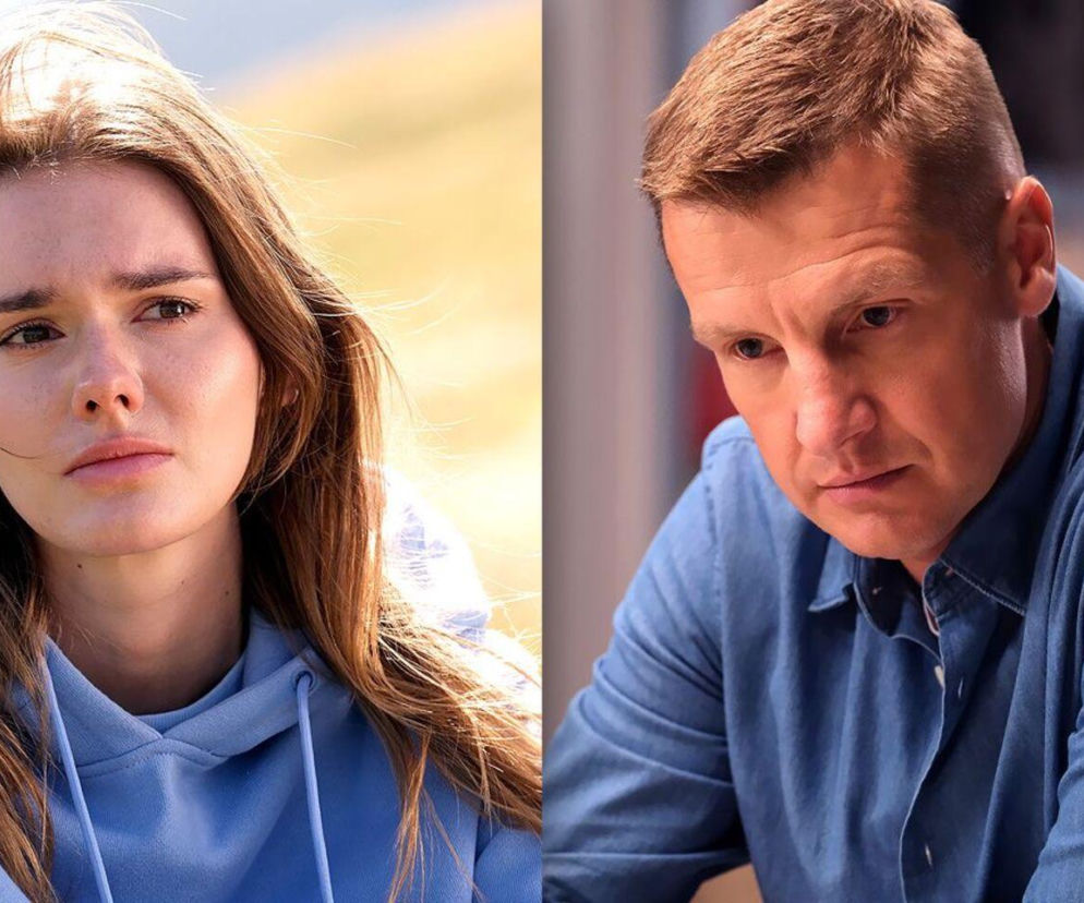 Frankę (Dominika Kachlik) i Pawła (Rafał Mroczek) w zbliżeniu. Franka, po lewej, w jasnoniebieskiej bluzie z kapturem, z rozwianymi włosami patrzy przed siebie. Paweł, po prawej, w dżinsowej koszuli, ze smutnym wyrazem twarzy spogląda w dół. Więcej o ich losach w M jak miłość na Super Seriale.